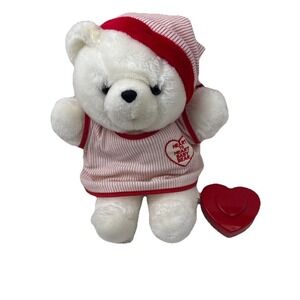 VINTAGE CHOSUN HEART TO HEART WHITE PLUSH BABY BEAR, STRIPED PJ'S, WORKING HEART